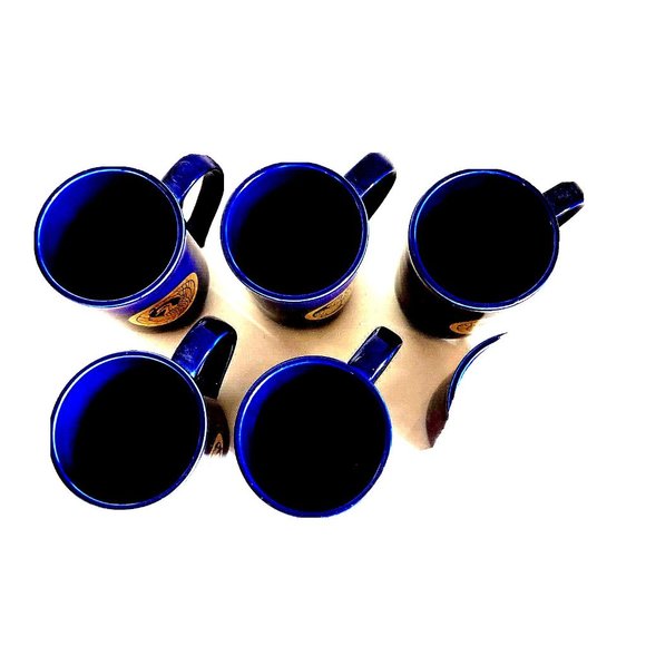 Asian Design Skinny Coffee Mug Cup Cobalt Blue Shiny Gold Signs Set 5  Vintage - Picture 8 of 10